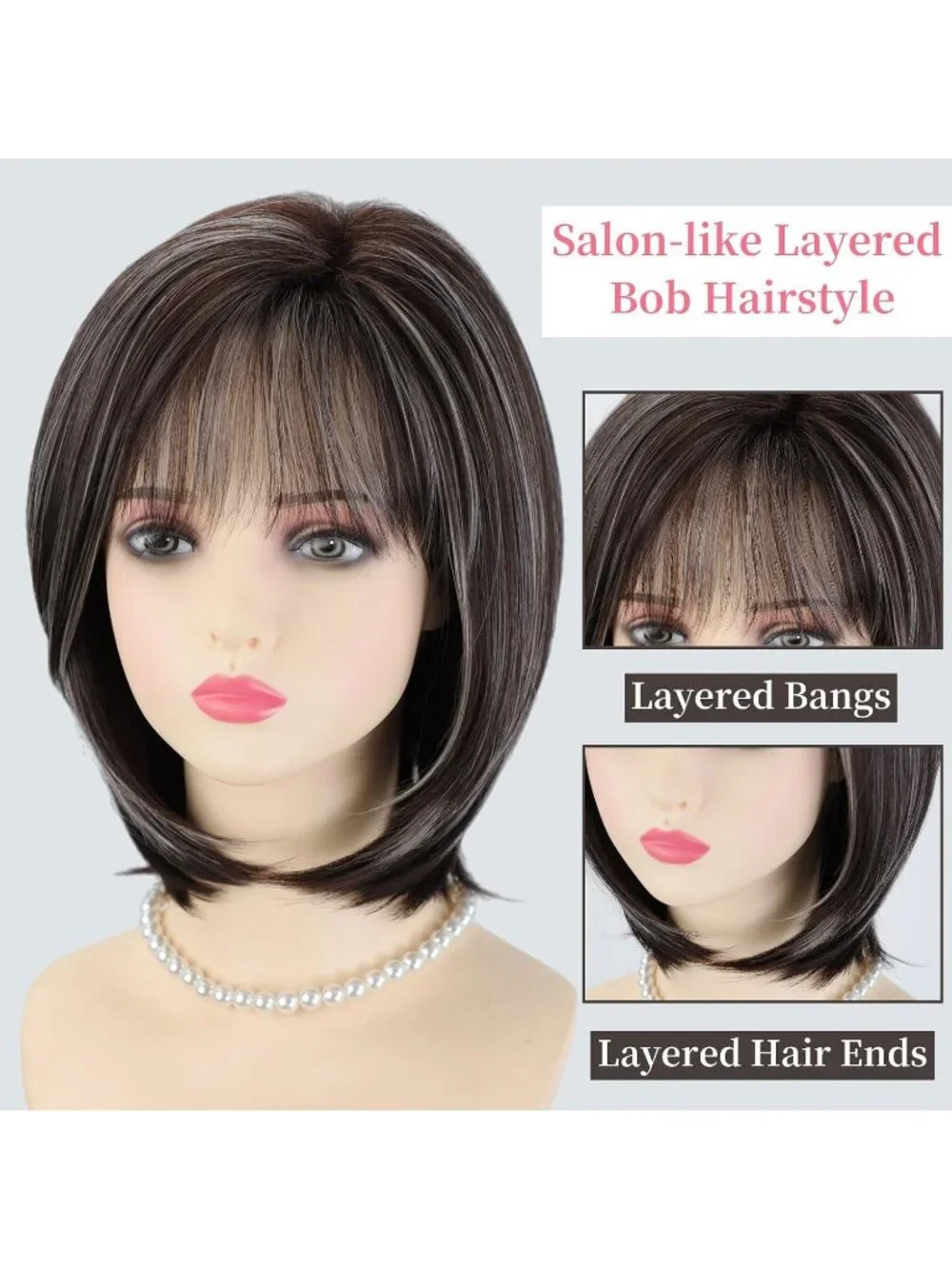 Women's Brown Silver 12 Inch Mid Length Heat Synthetic Straight Layered Bob Wigs